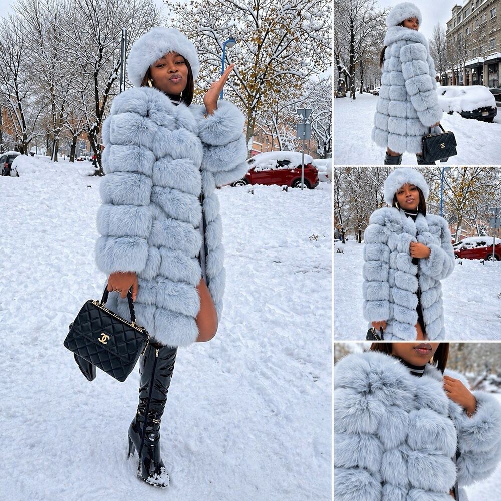 NWT Aria Moda Blue Fox Fur Coat Jacket Light Blue M Hook Eye Real Fur